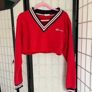 Champion Red V-Neck Sweater with Striped Trim